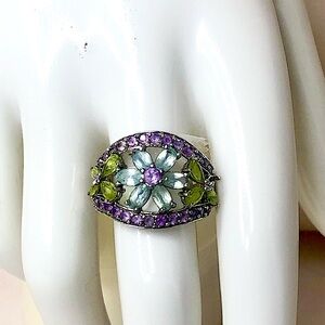 ROSS-SIMONS Sterling Silver Amethyst Peridot Blue Topaz Floral Inlay Ring Sz 8